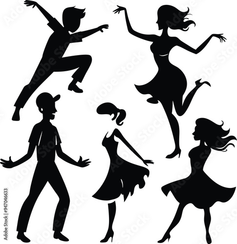 People Dancing Dark Silhouette Shapes Vector Set