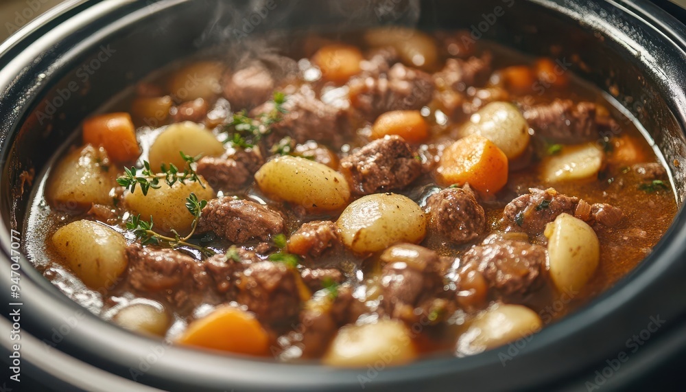 Slow cooker with dial simmering a hearty stew, with a focus on convenience Slow cooker with dial simmering a hearty stew, with a focus on convenience