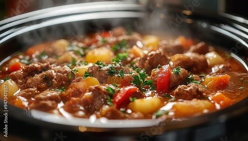 Slow cooker with dial simmering a hearty stew, with a focus on convenience