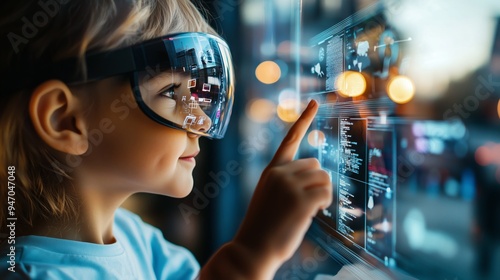 Kid Wearing Futuristic VR Glasses Interacting with Digital Interface