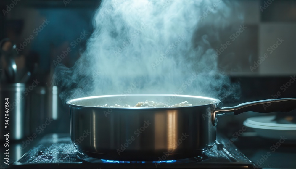 Soup pot with soup simmering on the stove, with steam rising Soup pot with soup simmering on the stove, with steam rising