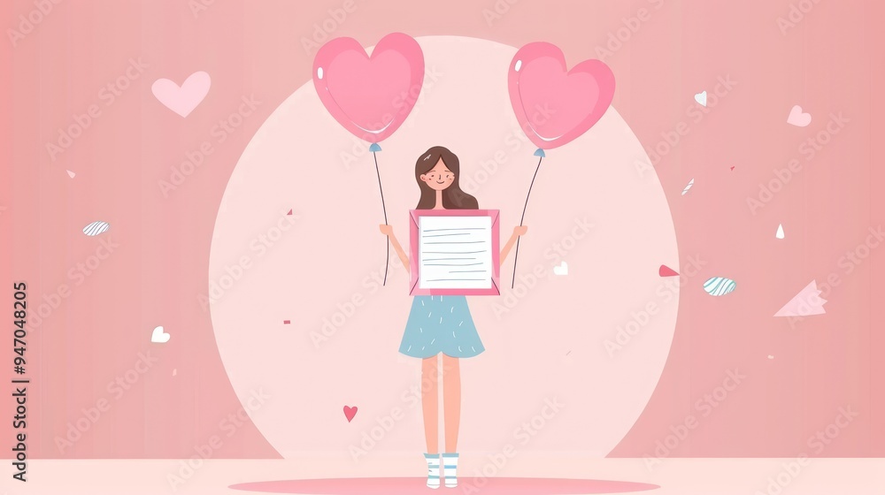 Girl with heart balloons and blank paper. Girl with heart balloons and blank paper.