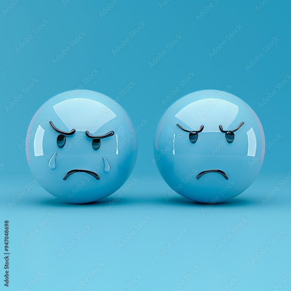 Fototapeta premium Two upset round blue emoji characters with frowning faces and tears streaming down their faces are isolated on a blue background, expressing deep sadness and sorrow.