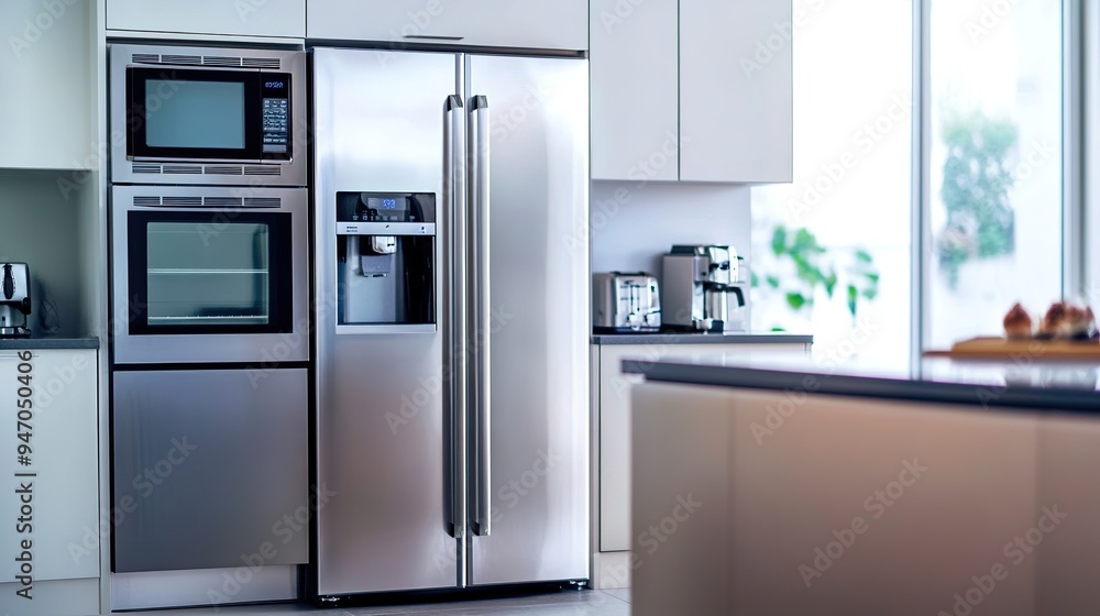 Modern stainless steel kitchen appliances, including a refrigerator, oven, and microwave, arranged in a sleek kitchen Modern stainless steel kitchen appliances, including a refrigerator, oven, and microwave, arranged in a sleek kitchen