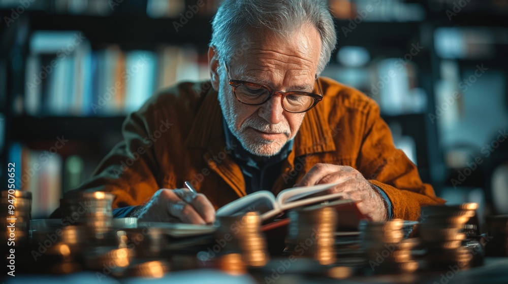 Wealth and leisure in retirement, focused shot of a senior planning luxurious leisure activities with wealth Wealth and leisure in retirement, focused shot of a senior planning luxurious leisure activities with wealth