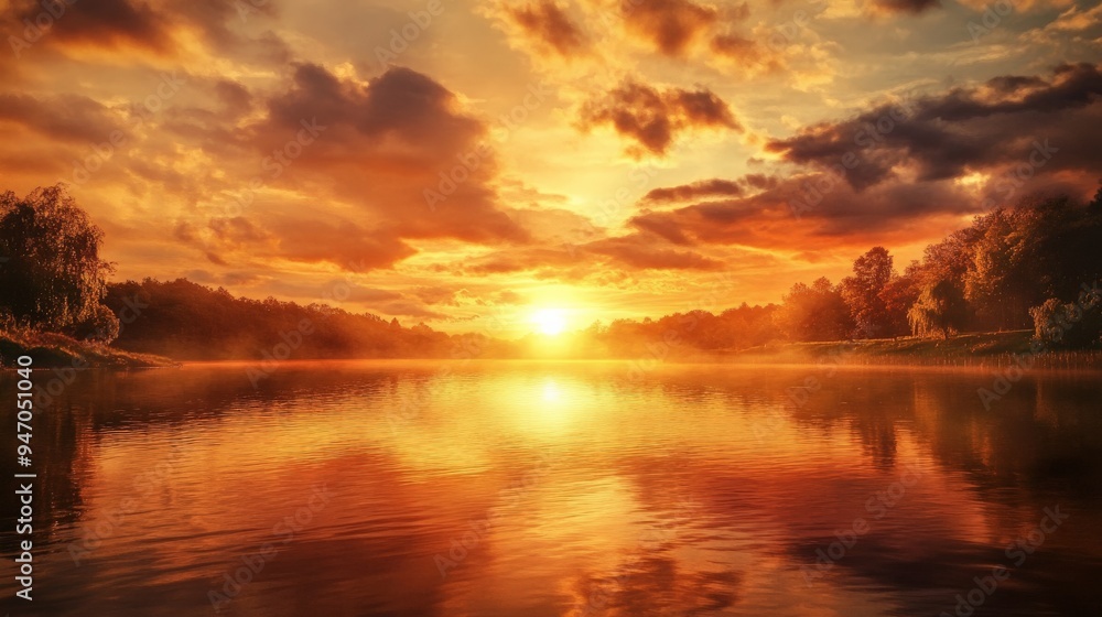 Obraz premium Stunning sunset over a serene lake surrounded by trees, with golden clouds reflecting on the water surface, creating a picturesque scene.