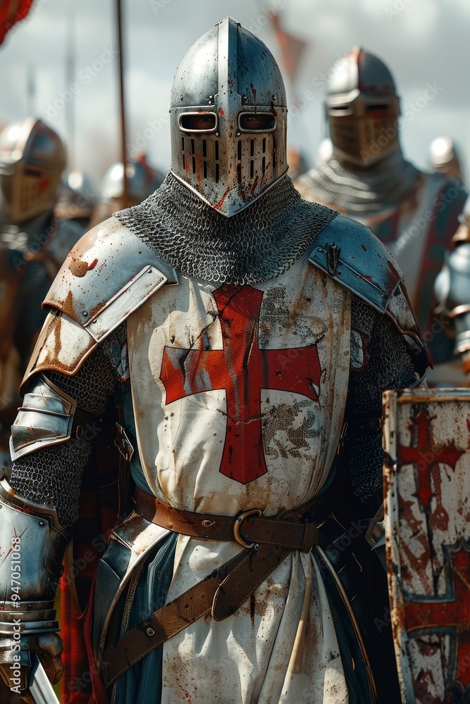 A knight in full armor with a red cross on his chest stands ready for battle, wearing a helmet, chainmail, and a tabard. He carries a sword and shield with a red cross. A knight in full armor with a red cross on his chest stands ready for battle, wearing a helmet, chainmail, and a tabard. He carries a sword and shield with a red cross.