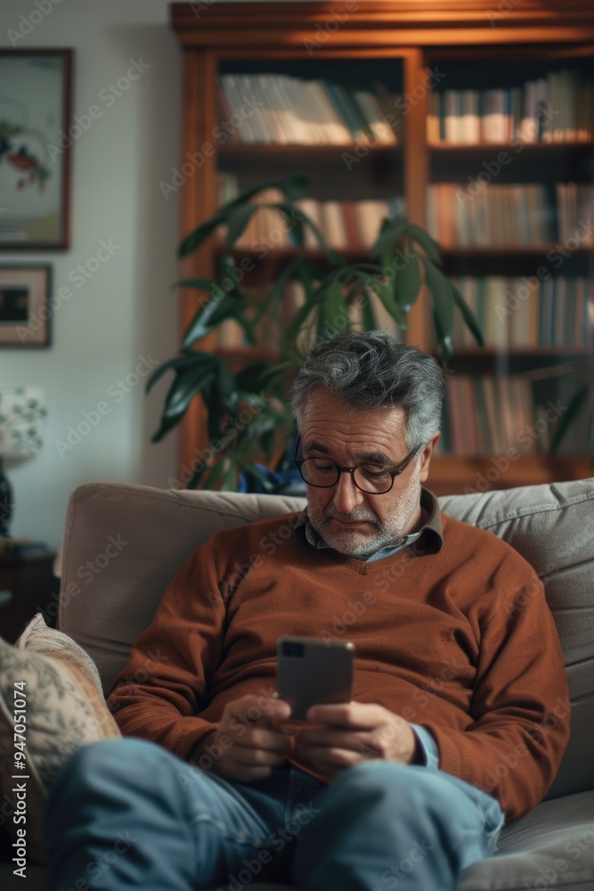 A person sits on a couch holding a mobile phone, possibly texting or browsing A person sits on a couch holding a mobile phone, possibly texting or browsing