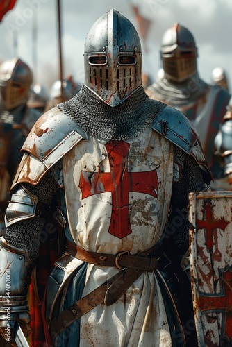 A knight in full armor with a red cross on his chest stands ready for battle, wearing a helmet, chainmail, and a tabard. He carries a sword and shield with a red cross.