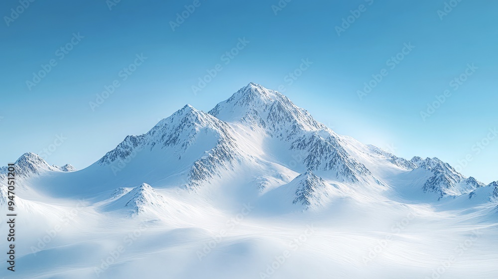 Obraz premium Stunning image of snow-covered mountain peaks under a clear blue sky. Perfect for winter, nature, and scenic themes in stock photography.