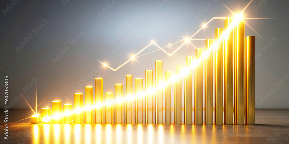 Fototapeta premium Glowing Abstract Bar Chart with Rising Data Streams Symbolizing Growth and Financial Success - Concept of Upward Financial Performance in a Moving Camera Shot