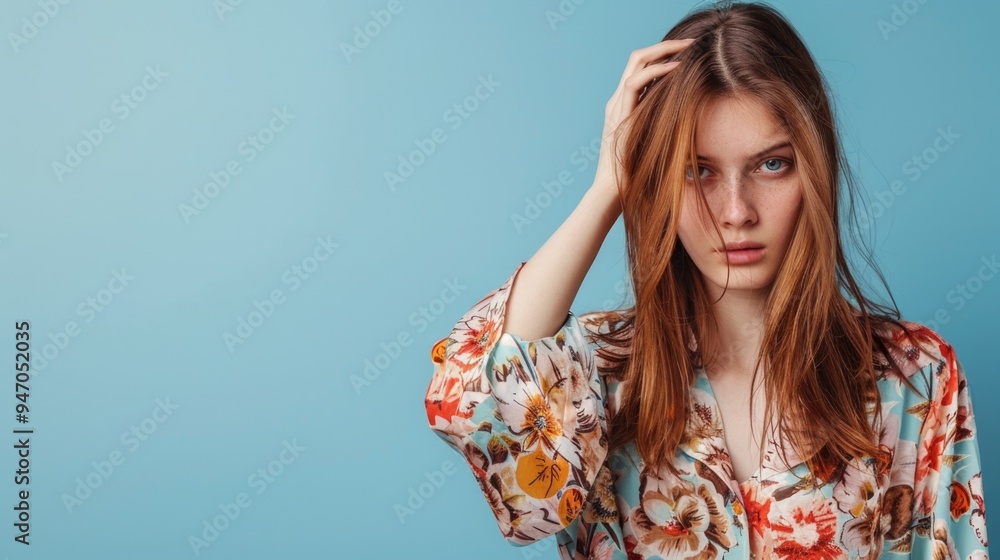 A young woman covers her hair with her hand, possibly due to embarrassment or modesty A young woman covers her hair with her hand, possibly due to embarrassment or modesty