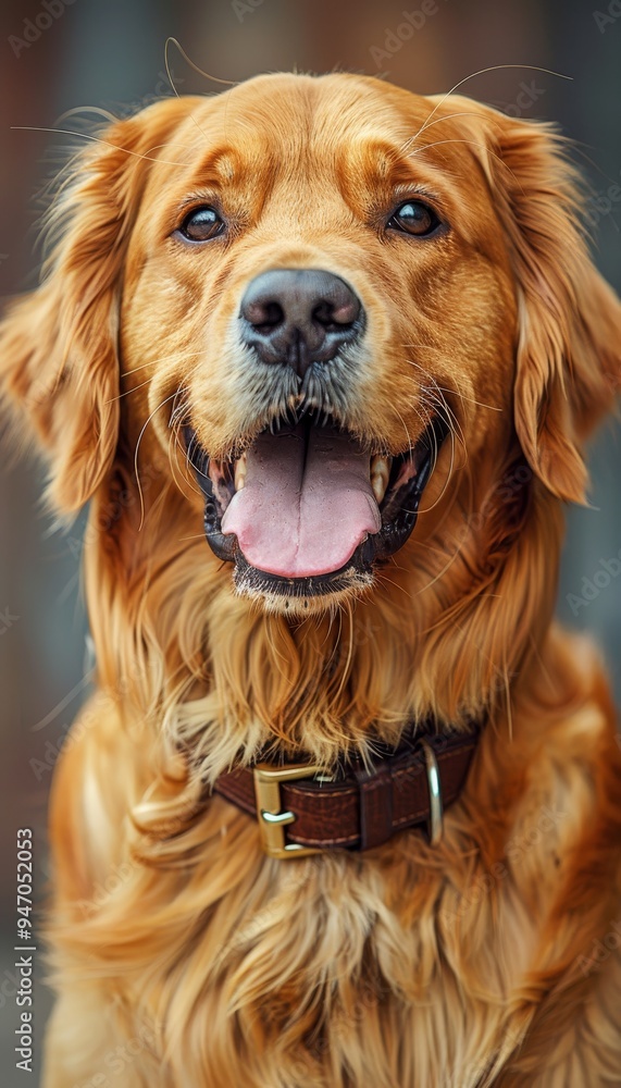 A golden retriever dog with a happy expression on its face. The dog has a collar with a buckle and is looking at the camera with its mouth open and tongue hanging out. A golden retriever dog with a happy expression on its face. The dog has a collar with a buckle and is looking at the camera with its mouth open and tongue hanging out.