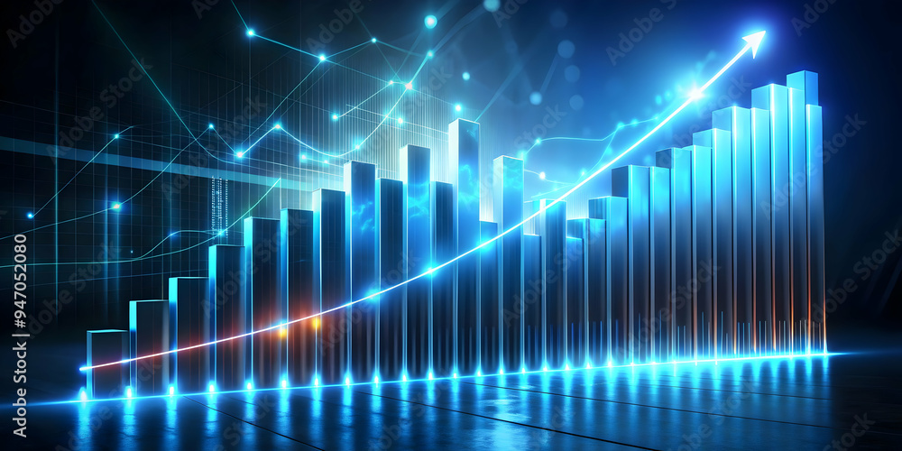 Glowing Abstract Bar Chart with Rising Data Streams Symbolizing Financial Growth and Success Concept. Camera Moving Upward Capturing Trajectory of Bars Representing Financial Performance Increase Glowing Abstract Bar Chart with Rising Data Streams Symbolizing Financial Growth and Success Concept. Camera Moving Upward Capturing Trajectory of Bars Representing Financial Performance Increase
