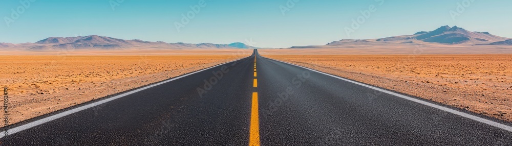 Fototapeta premium A long, empty road stretches through a vast desert landscape under a bright blue sky.