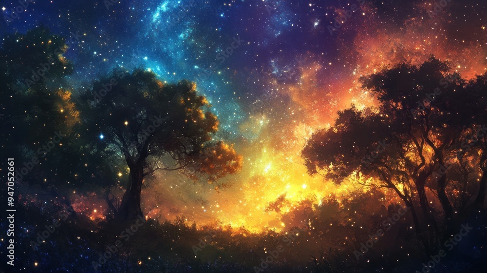 Fototapeta premium Silhouetted Trees Under a Starry Night Sky