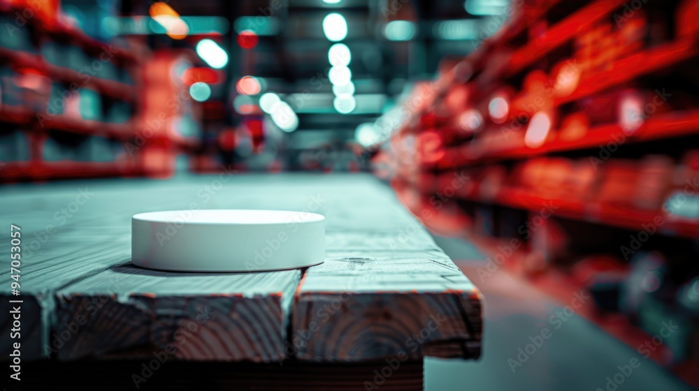 Fototapeta premium A white plate sits atop a wooden table, ready for use