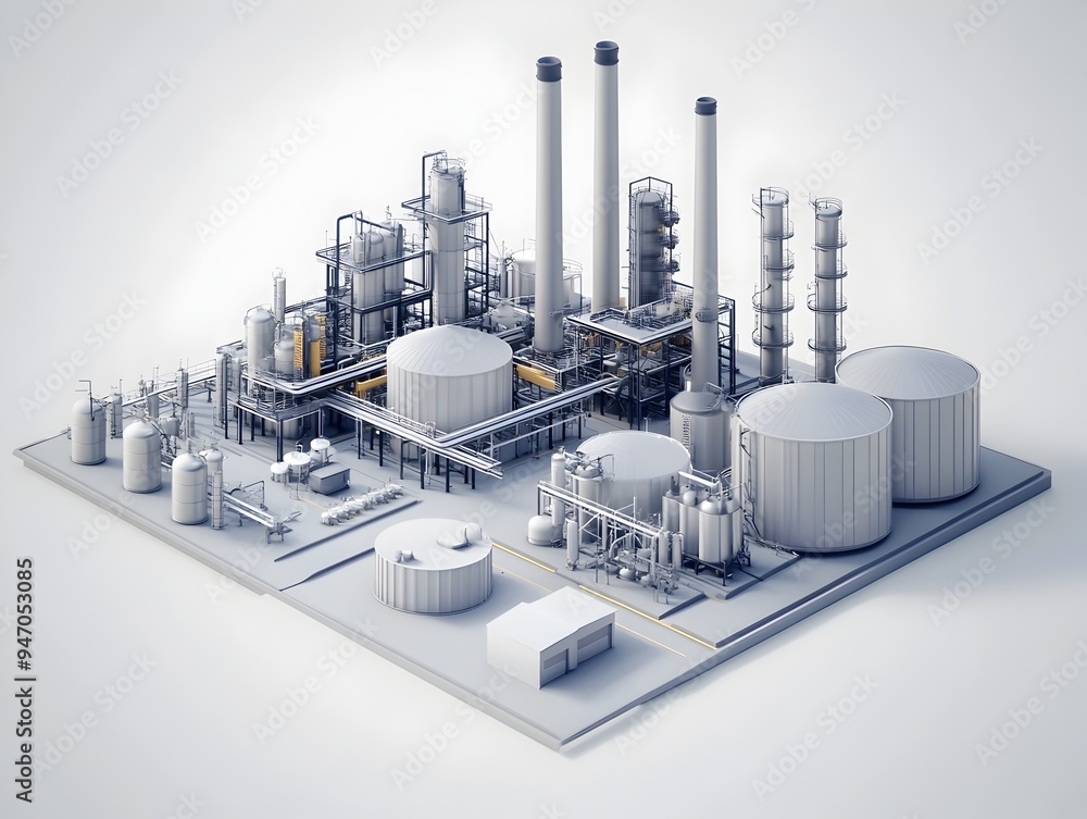 A sprawling industrial factory complex featuring towering chimneys and massive storage tanks showcasing the scale and scope of modern manufacturing and energy production A sprawling industrial factory complex featuring towering chimneys and massive storage tanks showcasing the scale and scope of modern manufacturing and energy production