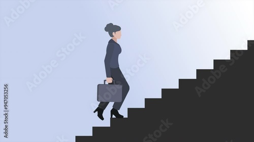 Cartoon-style animation of a businesswoman climbing stairs with a briefcase in hand. Career development, professional growth, hard work, and business success concepts. Luma channel, chroma key. Looped