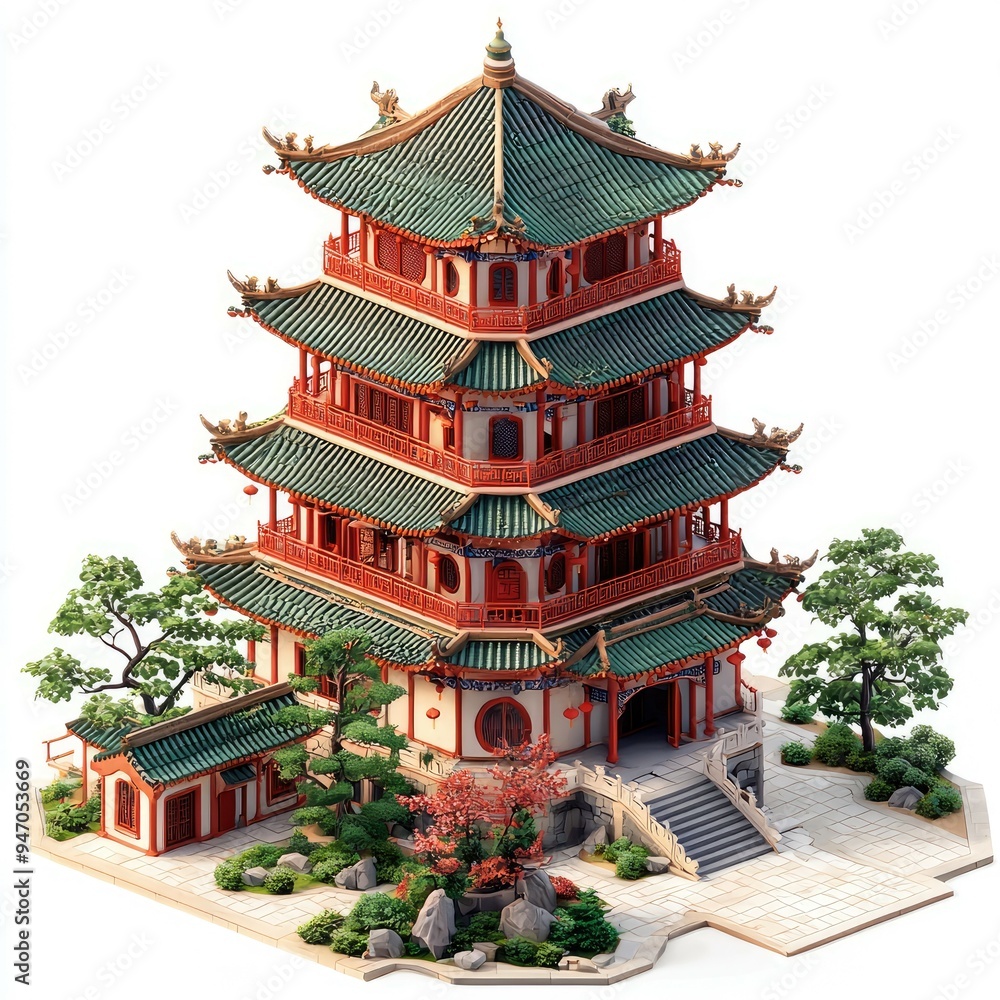 Traditional Chinese Pagoda with Elaborate Architecture and Surrounding Garden Traditional Chinese Pagoda with Elaborate Architecture and Surrounding Garden