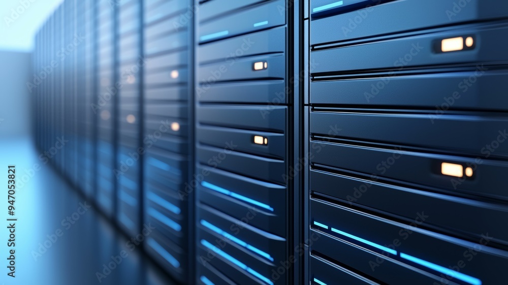 A row of servers with blue lights on them A row of servers with blue lights on them