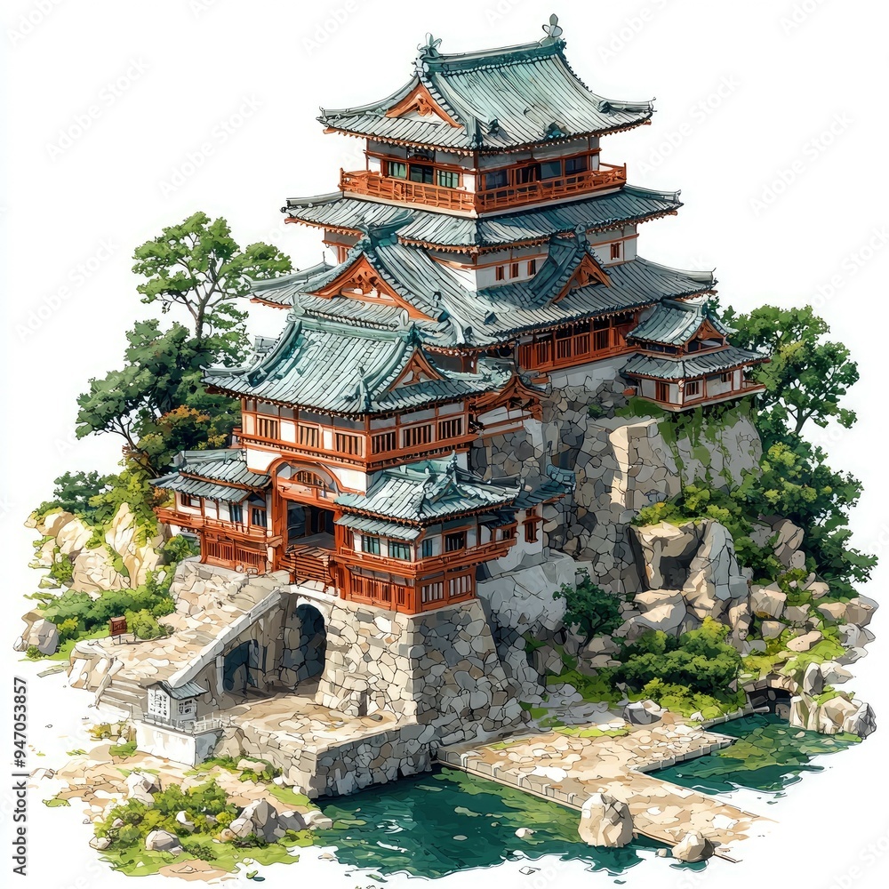 Traditional Japanese Castle Built on a Cliffside Traditional Japanese Castle Built on a Cliffside