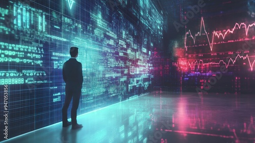 Businessman Standing Before a Wall of Digital Data and Graphs