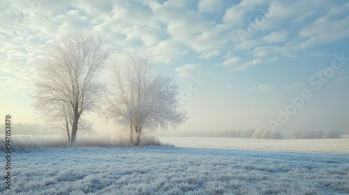 Serene winter landscape with frosty trees and snowy field under a cloudy sky, illustrating the beauty of a peaceful winter morning.