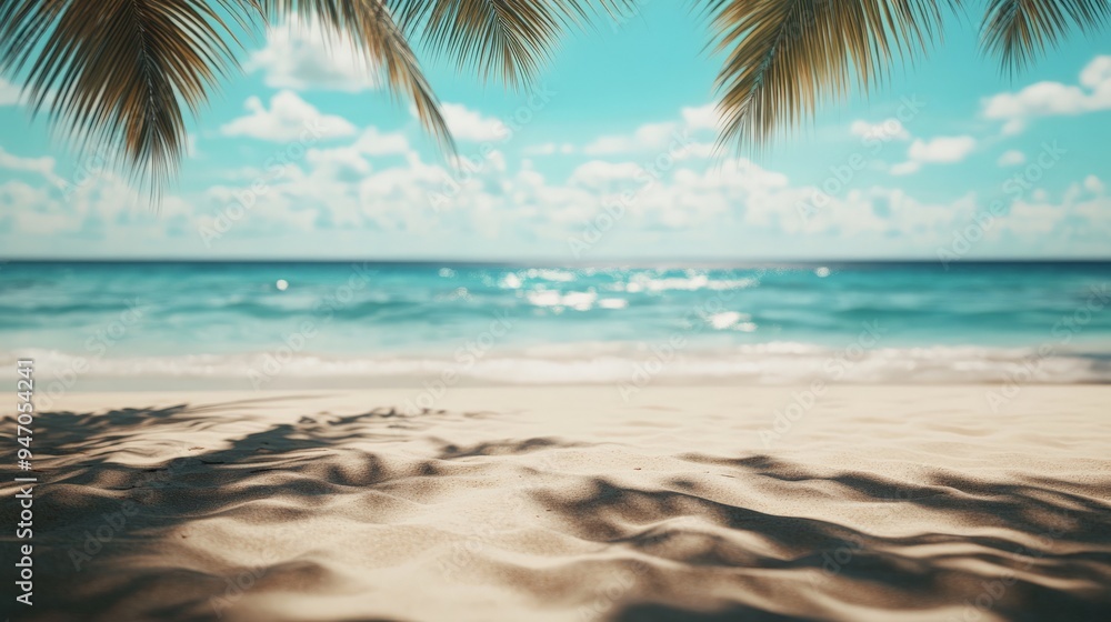 Serene tropical beach with palm tree shadows on white sand, turquoise ocean waves, and a bright blue sky, perfect for a relaxing vacation. Serene tropical beach with palm tree shadows on white sand, turquoise ocean waves, and a bright blue sky, perfect for a relaxing vacation.