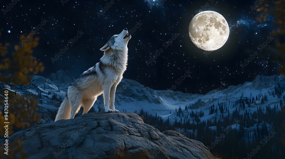 Wolf Howling on a Full Moon Night Starry Sky, Photo Realistic, Wallpaper, Cover and Screen for Smartphone, Cell Phone, PC, Laptop Wolf Howling on a Full Moon Night Starry Sky, Photo Realistic, Wallpaper, Cover and Screen for Smartphone, Cell Phone, PC, Laptop