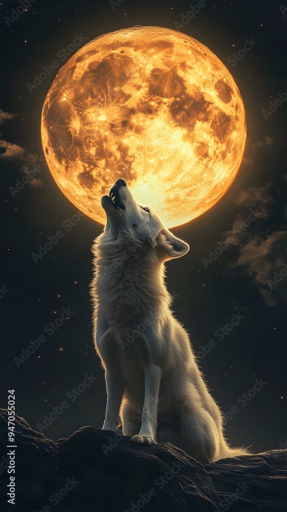 Fototapeta premium Wolf Howling on a Full Moon Night Starry Sky, Photo Realistic, Wallpaper, Cover and Screen for Smartphone, Cell Phone, PC, Laptop