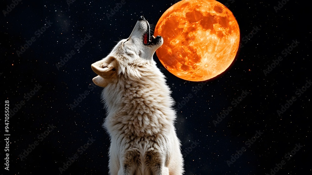 Fototapeta premium Wolf Howling on a Full Moon Night Starry Sky, Photo Realistic, Wallpaper, Cover and Screen for Smartphone, Cell Phone, PC, Laptop