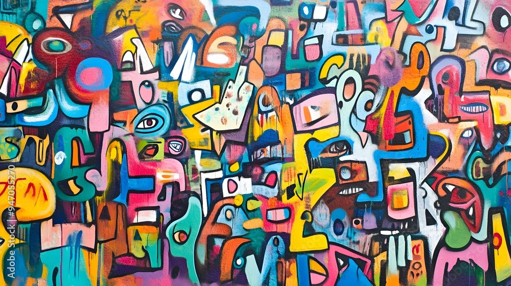 A vibrant wall covered in intricate graffiti art showcasing a mix of colors and styles against a light solid color background A vibrant wall covered in intricate graffiti art showcasing a mix of colors and styles against a light solid color background
