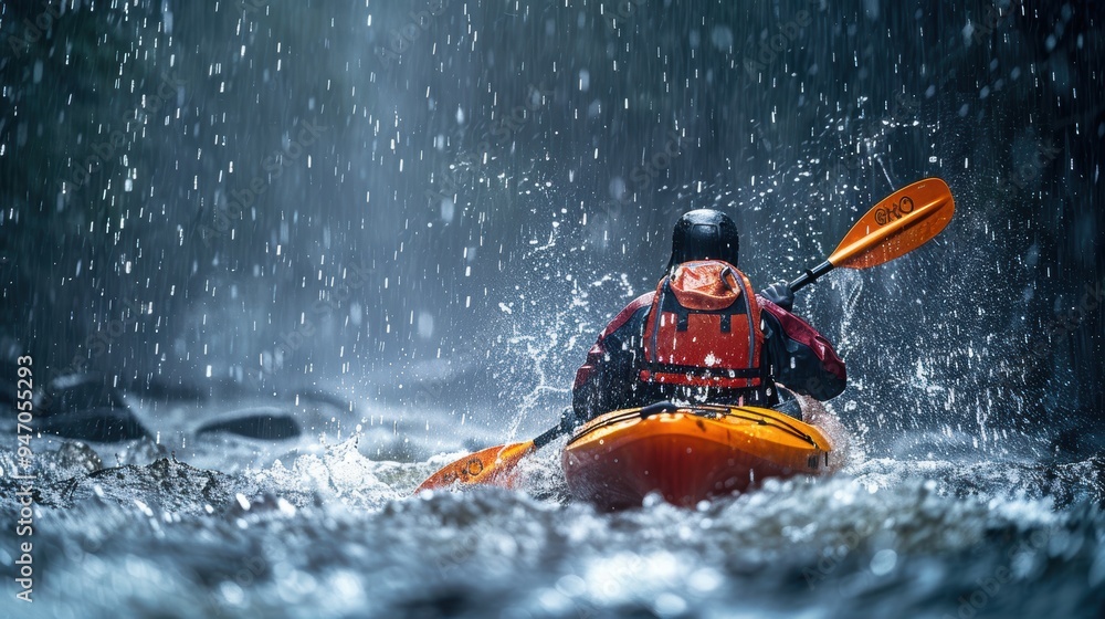 Fototapeta premium Kayaker paddling in the rain on wild river