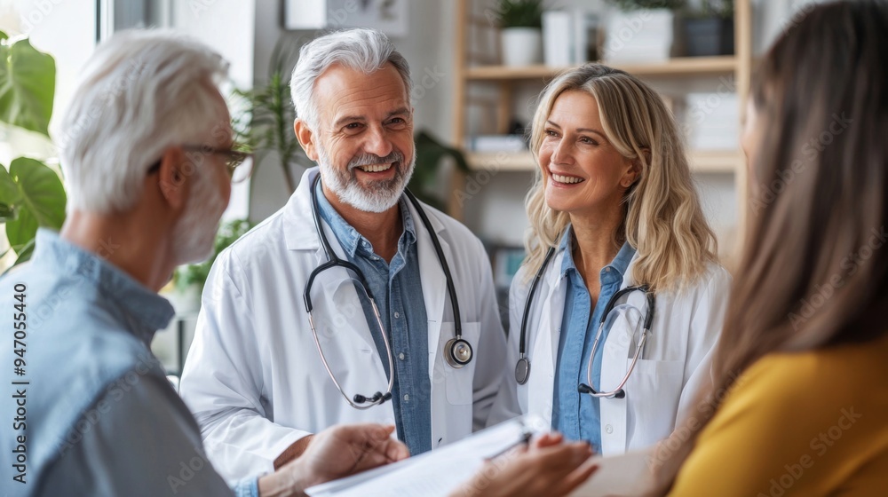 Fototapeta premium Strategic healthcare for retirement, detailed shot of a senior couple discussing healthcare strategies with a professional