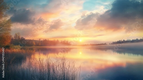 Wallpaper Mural Serene lake landscape with vibrant sunrise, colorful sky, reflecting water, and peaceful natural scenery, ideal for calming backgrounds. Torontodigital.ca