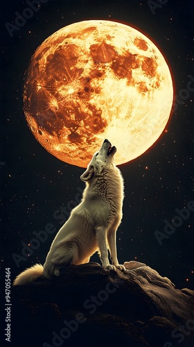 Wolf Howling on a Full Moon Night Starry Sky, Photo Realistic, Wallpaper, Cover and Screen for Smartphone, Cell Phone, PC, Laptop