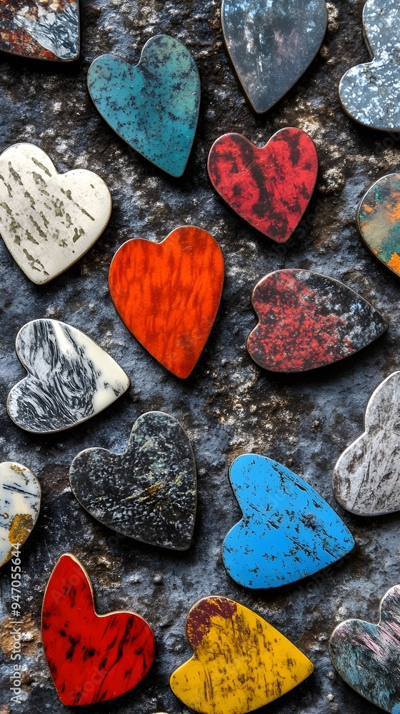 Obraz premium An artistic shot of guitar picks scattered on a textured surface, highlighting their unique designs and colors