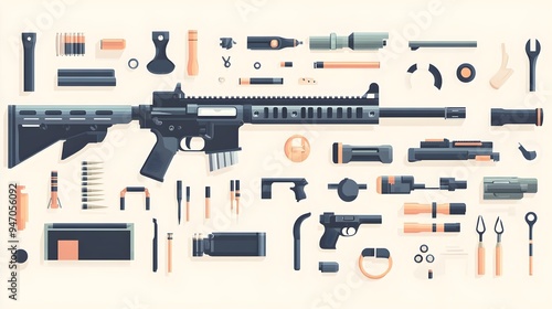 A skilled gunsmith carefully assembles a rifle in a well-organized workshop, showcasing various tools and parts on a light solid color background photo