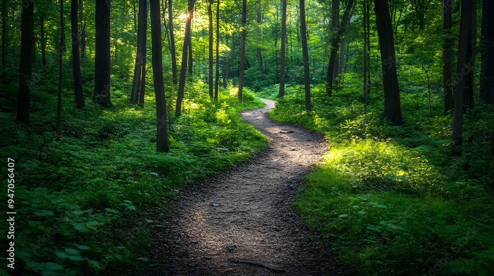 Fototapeta premium A serene hiking trail winding through a lush green forest with dappled sunlight filtering through the leaves