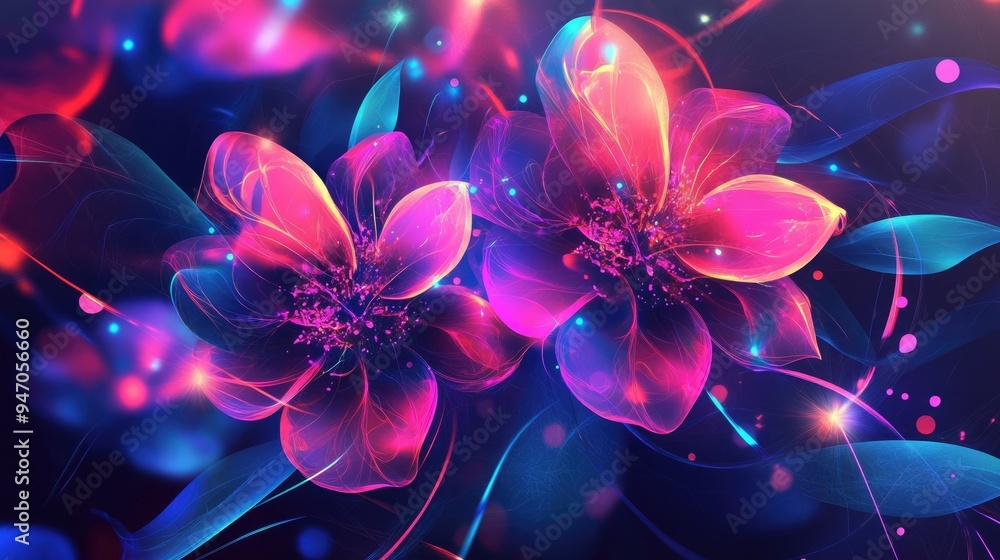 Digital flowers in vibrant abstract art style, featuring neon lines and geometric shapes, set against a colorful vector background Digital flowers in vibrant abstract art style, featuring neon lines and geometric shapes, set against a colorful vector background