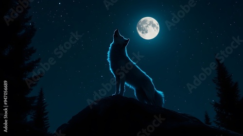 Wolf Howling on a Full Moon Night Starry Sky, Photo Realistic, Wallpaper, Cover and Screen for Smartphone, Cell Phone, PC, Laptop