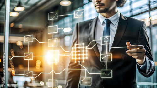 Glowing Abstract Flowchart with Arrows Illustrating Financial Processes - Complexity of Decision Making in Financial Concept Photo Stock