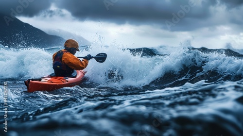 Fototapeta Naklejka Na Ścianę i Meble -  Professional kayaker paddling in rough sea with big waves