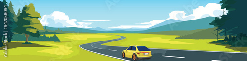 Cartoon Vector or Illustration of a yellow car on the road. Luxury cars driving on curved asphalt roads with driving. Green open fields and mountain under blue sky for background.