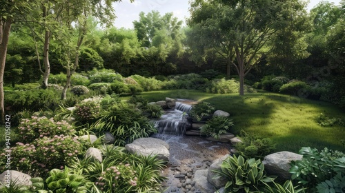 Tranquil Stream Flowing Through Lush Green Forest.