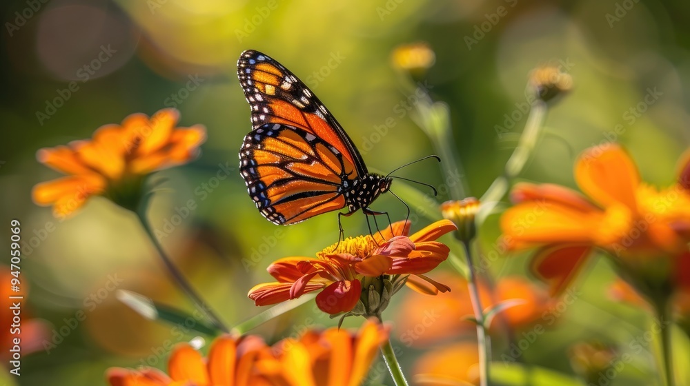 Fototapeta premium Butterfly enjoying a flower in a picturesque natural landscape