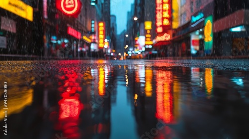 A vibrant city scene captured during rain, showcasing colorful reflections on wet pavement amidst glowing neon signs.
