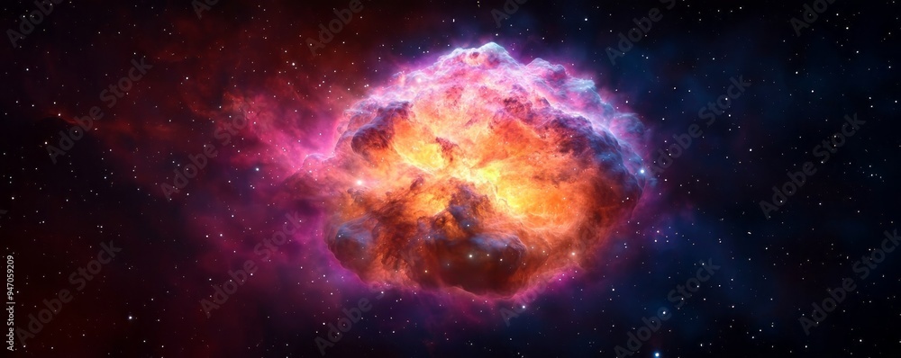 A vibrant cosmic explosion in deep space, showcasing stunning colors and swirling gas clouds in the universe's grandeur. A vibrant cosmic explosion in deep space, showcasing stunning colors and swirling gas clouds in the universe's grandeur.