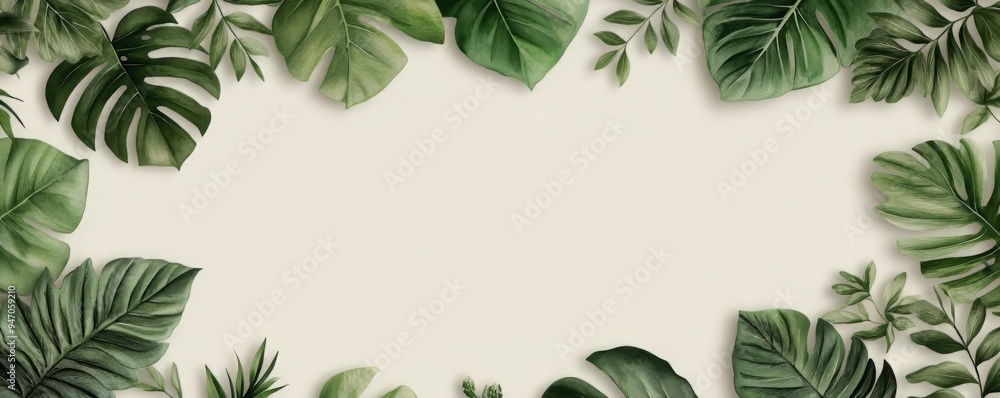 A vibrant collection of tropical leaves framing a blank canvas, perfect for backgrounds and nature-themed designs. A vibrant collection of tropical leaves framing a blank canvas, perfect for backgrounds and nature-themed designs.
